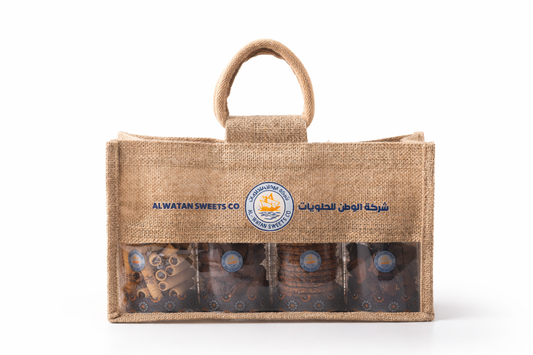 Alwatan Jute Basket – 4 Cylindrical Boxes | Premium Kuwaiti Sweets Gift Set
