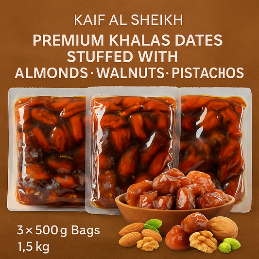 Premium Stuffed Khalas Dates with Almonds, Walnuts & Pistachios – 3×500g (1.5 kg Total)